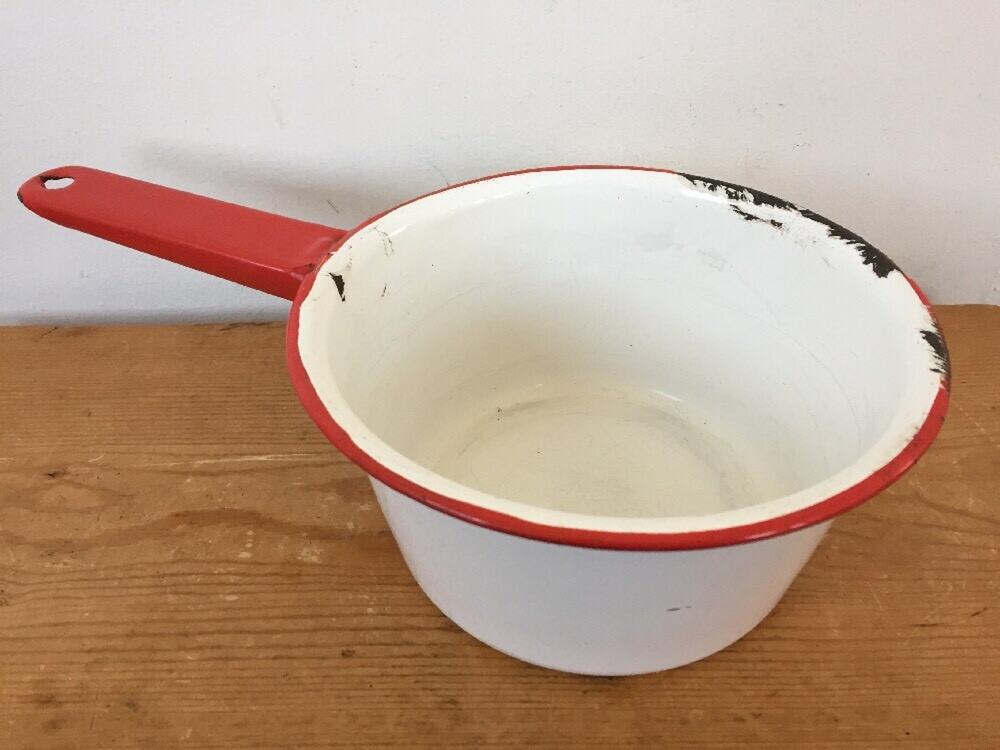Vintage Antique White Red Metal Enamelware Primitive Small Sauce Pot Pan 7"